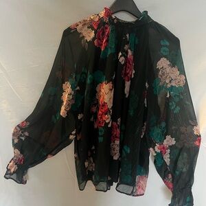 Sheer Green Floral Blouse with Ruffled Neck